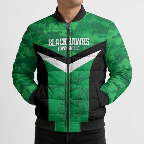 Townsville Rugby Custom Bomber Puffer Jacket Go Blackhawks Camouflage Pattern - Aussie Hoodie
