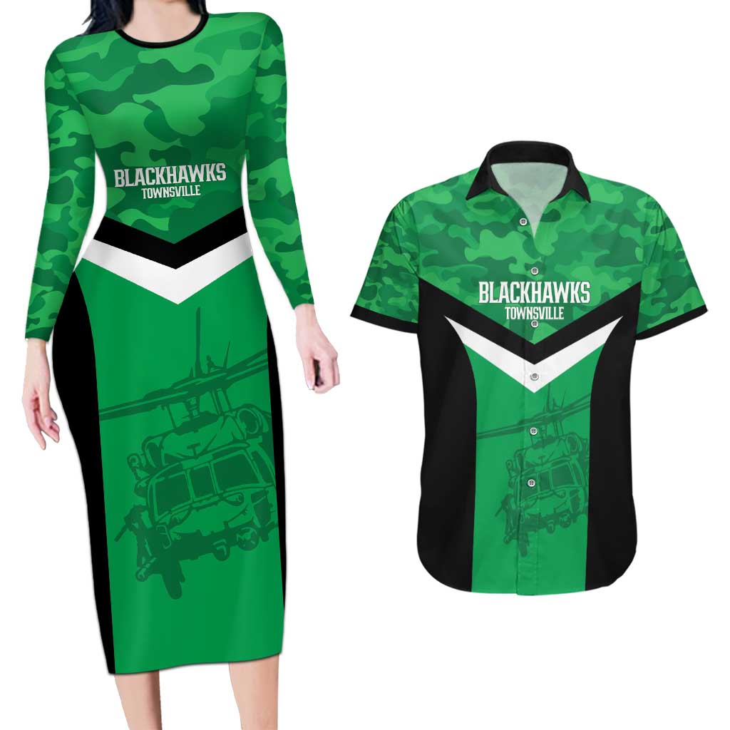 Townsville Rugby Custom Couples Matching Long Sleeve Bodycon Dress and Hawaiian Shirt Go Blackhawks Camouflage Pattern - Aussie Hoodie
