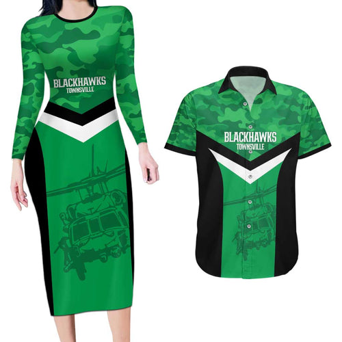 Townsville Rugby Custom Couples Matching Long Sleeve Bodycon Dress and Hawaiian Shirt Go Blackhawks Camouflage Pattern - Aussie Hoodie