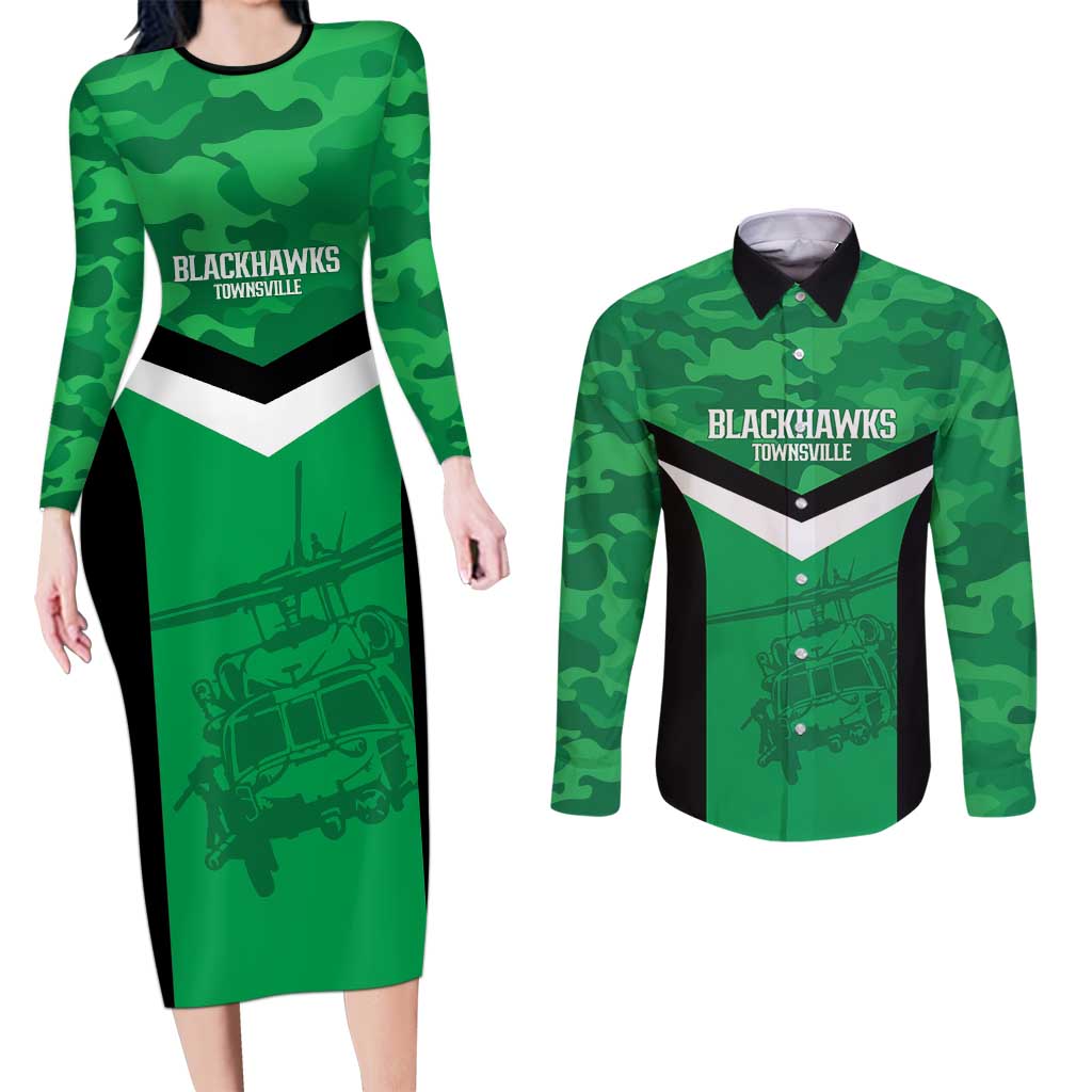 Townsville Rugby Custom Couples Matching Long Sleeve Bodycon Dress and Long Sleeve Button Shirt Go Blackhawks Camouflage Pattern - Aussie Hoodie