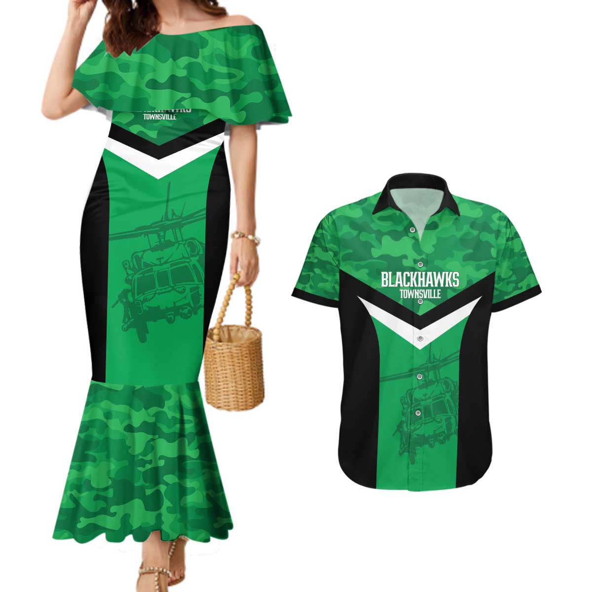 Townsville Rugby Custom Couples Matching Mermaid Dress and Hawaiian Shirt Go Blackhawks Camouflage Pattern - Aussie Hoodie