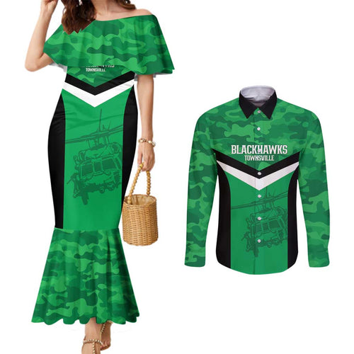 Townsville Rugby Custom Couples Matching Mermaid Dress and Long Sleeve Button Shirt Go Blackhawks Camouflage Pattern - Aussie Hoodie