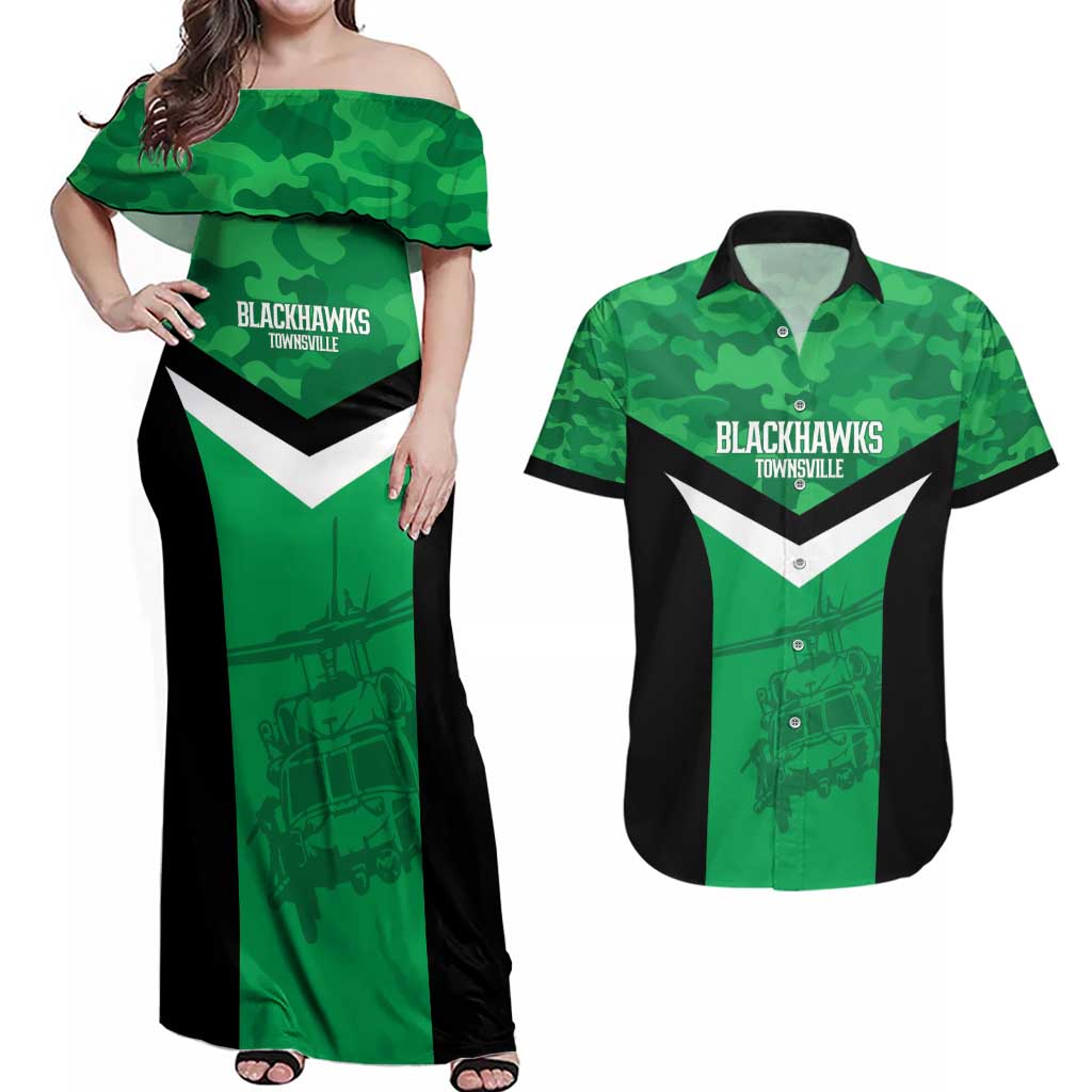 Townsville Rugby Custom Couples Matching Off Shoulder Maxi Dress and Hawaiian Shirt Go Blackhawks Camouflage Pattern - Aussie Hoodie