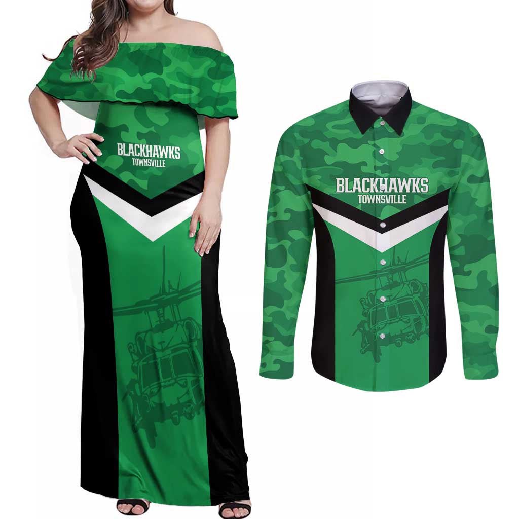 Townsville Rugby Custom Couples Matching Off Shoulder Maxi Dress and Long Sleeve Button Shirt Go Blackhawks Camouflage Pattern - Aussie Hoodie