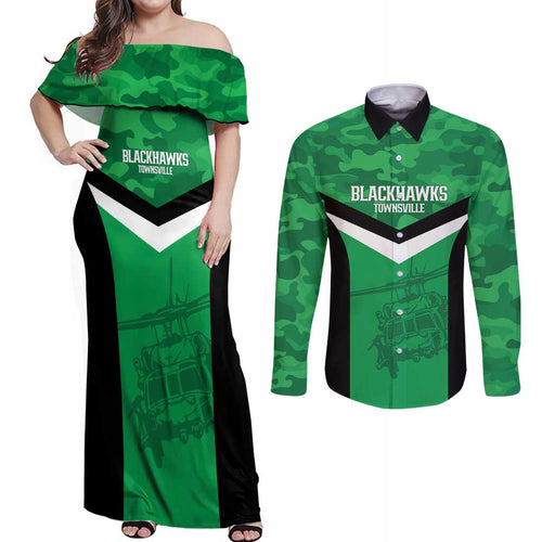 Townsville Rugby Custom Couples Matching Off Shoulder Maxi Dress and Long Sleeve Button Shirt Go Blackhawks Camouflage Pattern - Aussie Hoodie