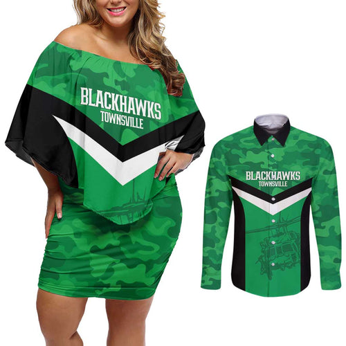 Townsville Rugby Custom Couples Matching Off Shoulder Short Dress and Long Sleeve Button Shirt Go Blackhawks Camouflage Pattern - Aussie Hoodie