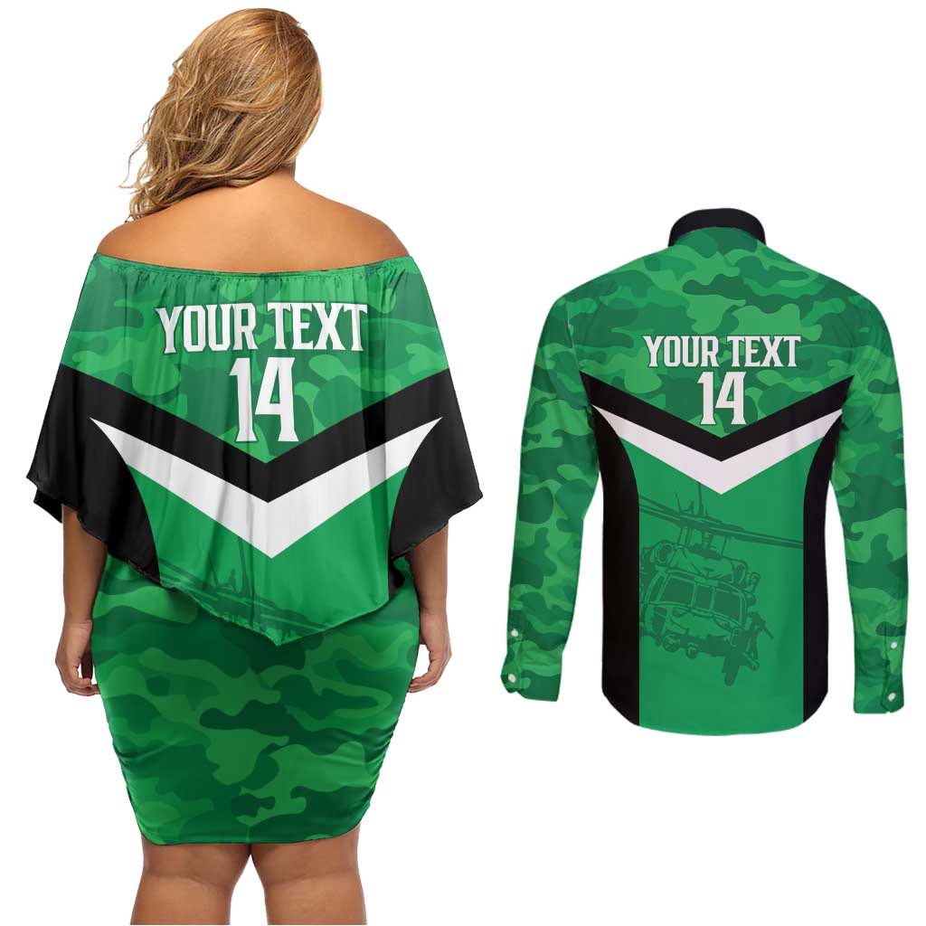 Townsville Rugby Custom Couples Matching Off Shoulder Short Dress and Long Sleeve Button Shirt Go Blackhawks Camouflage Pattern - Aussie Hoodie
