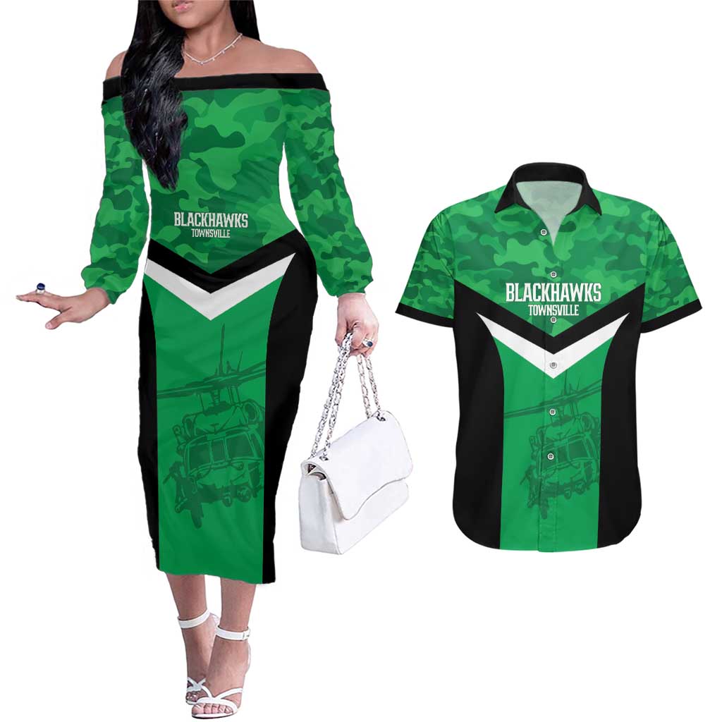 Townsville Rugby Custom Couples Matching Off The Shoulder Long Sleeve Dress and Hawaiian Shirt Go Blackhawks Camouflage Pattern - Aussie Hoodie