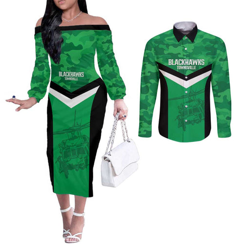 Townsville Rugby Custom Couples Matching Off The Shoulder Long Sleeve Dress and Long Sleeve Button Shirt Go Blackhawks Camouflage Pattern - Aussie Hoodie