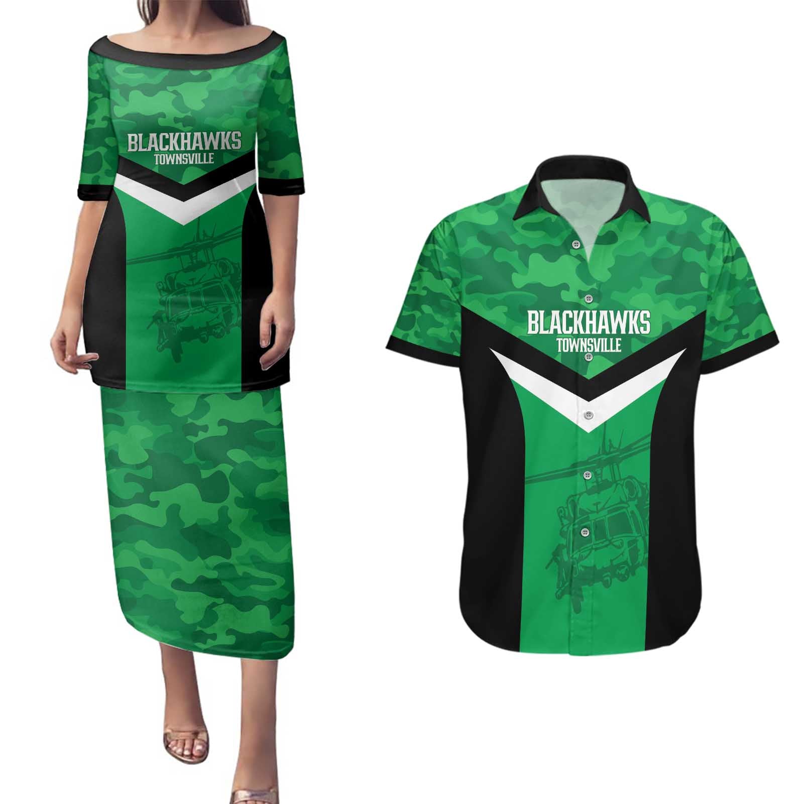 Townsville Rugby Custom Couples Matching Puletasi and Hawaiian Shirt Go Blackhawks Camouflage Pattern - Aussie Hoodie