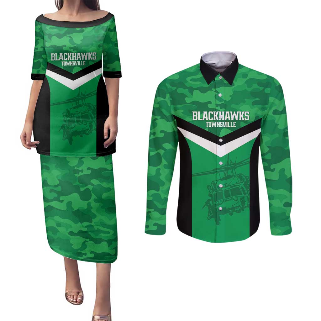 Townsville Rugby Custom Couples Matching Puletasi and Long Sleeve Button Shirt Go Blackhawks Camouflage Pattern - Aussie Hoodie