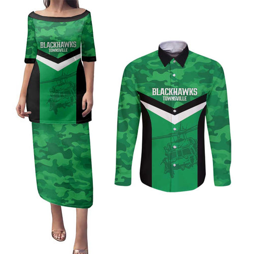 Townsville Rugby Custom Couples Matching Puletasi and Long Sleeve Button Shirt Go Blackhawks Camouflage Pattern - Aussie Hoodie