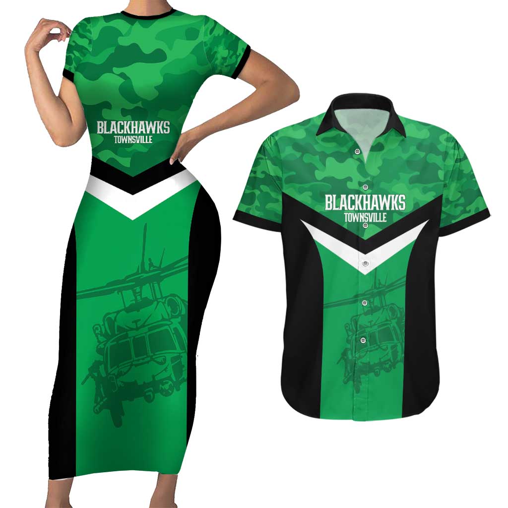 Townsville Rugby Custom Couples Matching Short Sleeve Bodycon Dress and Hawaiian Shirt Go Blackhawks Camouflage Pattern - Aussie Hoodie