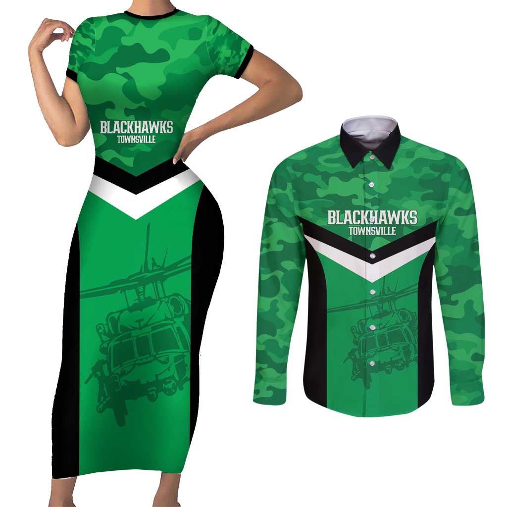 Townsville Rugby Custom Couples Matching Short Sleeve Bodycon Dress and Long Sleeve Button Shirt Go Blackhawks Camouflage Pattern - Aussie Hoodie