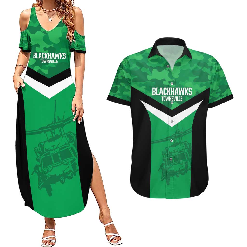 Townsville Rugby Custom Couples Matching Summer Maxi Dress and Hawaiian Shirt Go Blackhawks Camouflage Pattern - Aussie Hoodie