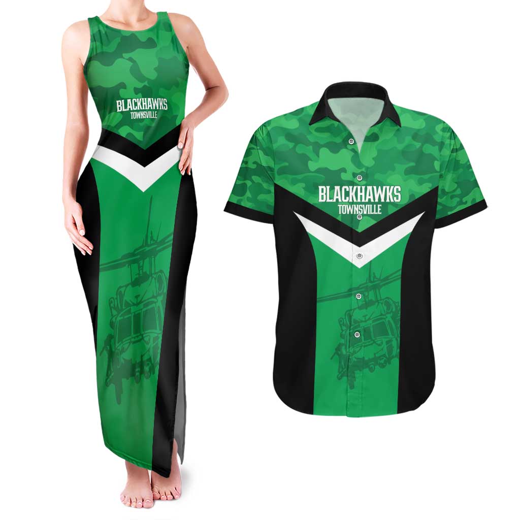 Townsville Rugby Custom Couples Matching Tank Maxi Dress and Hawaiian Shirt Go Blackhawks Camouflage Pattern - Aussie Hoodie