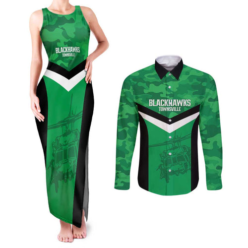 Townsville Rugby Custom Couples Matching Tank Maxi Dress and Long Sleeve Button Shirt Go Blackhawks Camouflage Pattern - Aussie Hoodie