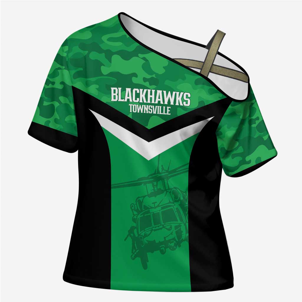 Townsville Rugby Custom Cross Shoulder Shirt Go Blackhawks Camouflage Pattern - Aussie Hoodie