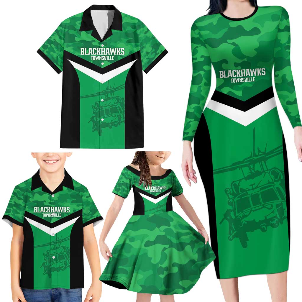 Townsville Rugby Custom Family Matching Long Sleeve Bodycon Dress and Hawaiian Shirt Go Blackhawks Camouflage Pattern - Aussie Hoodie