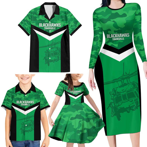 Townsville Rugby Custom Family Matching Long Sleeve Bodycon Dress and Hawaiian Shirt Go Blackhawks Camouflage Pattern - Aussie Hoodie
