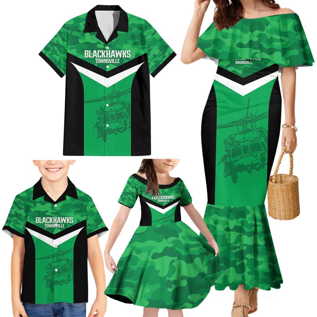 Townsville Rugby Custom Family Matching Mermaid Dress and Hawaiian Shirt Go Blackhawks Camouflage Pattern - Aussie Hoodie