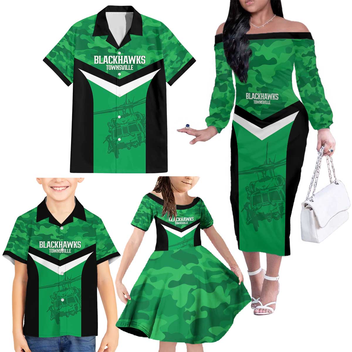 Townsville Rugby Custom Family Matching Off The Shoulder Long Sleeve Dress and Hawaiian Shirt Go Blackhawks Camouflage Pattern - Aussie Hoodie