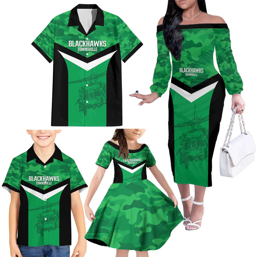Townsville Rugby Custom Family Matching Off The Shoulder Long Sleeve Dress and Hawaiian Shirt Go Blackhawks Camouflage Pattern - Aussie Hoodie