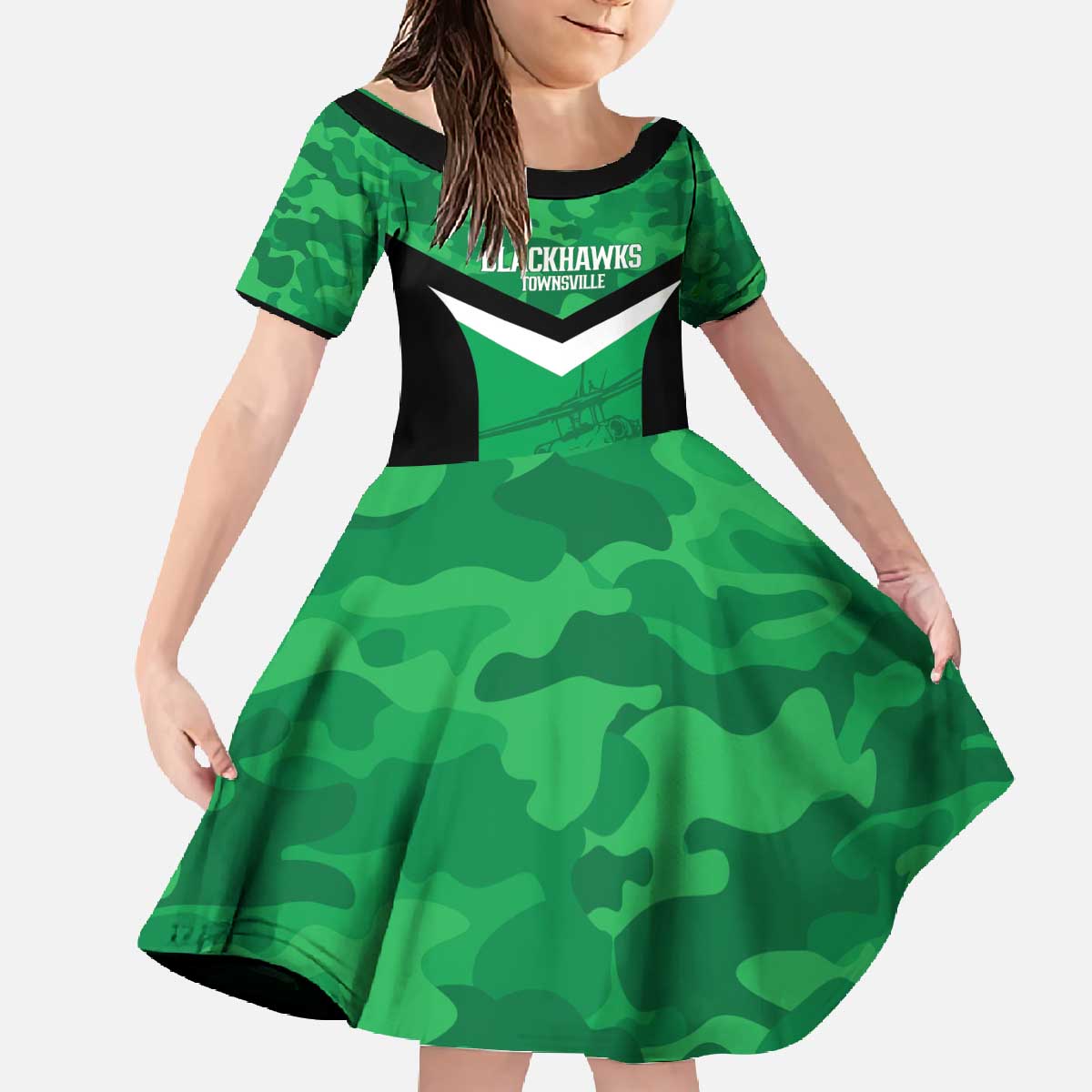 Townsville Rugby Custom Family Matching Off The Shoulder Long Sleeve Dress and Hawaiian Shirt Go Blackhawks Camouflage Pattern - Aussie Hoodie