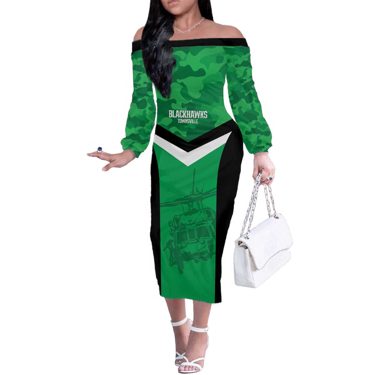 Townsville Rugby Custom Family Matching Off The Shoulder Long Sleeve Dress and Hawaiian Shirt Go Blackhawks Camouflage Pattern - Aussie Hoodie