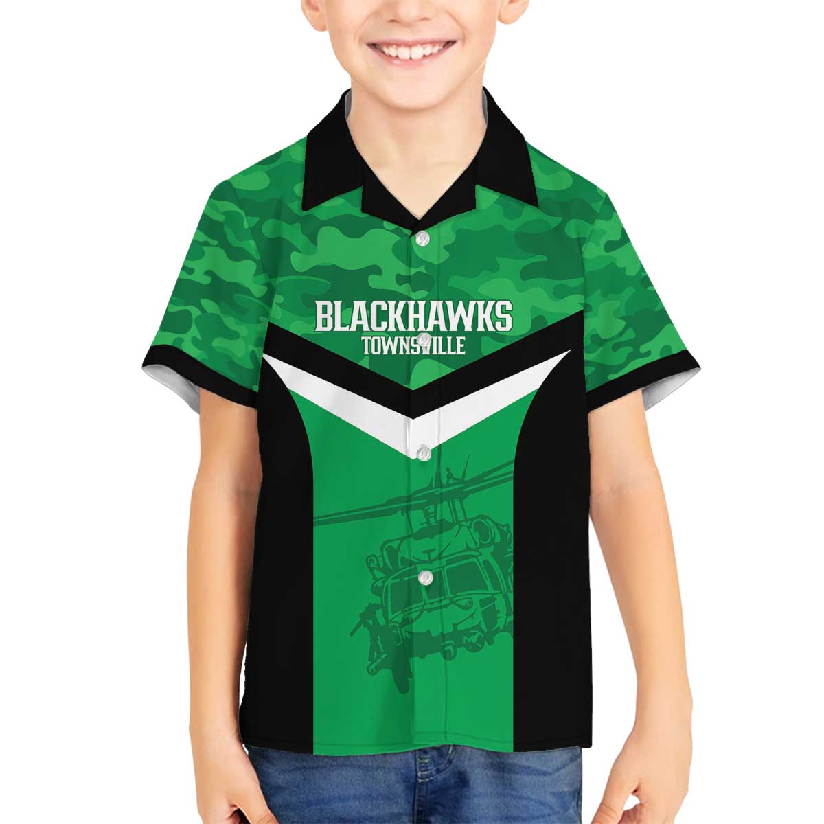 Townsville Rugby Custom Family Matching Off The Shoulder Long Sleeve Dress and Hawaiian Shirt Go Blackhawks Camouflage Pattern - Aussie Hoodie