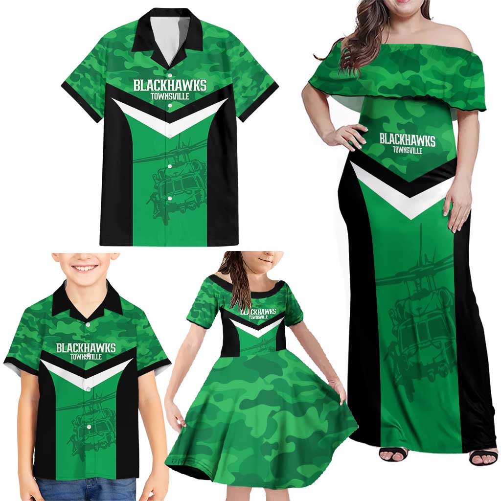 Townsville Rugby Custom Family Matching Off Shoulder Maxi Dress and Hawaiian Shirt Go Blackhawks Camouflage Pattern - Aussie Hoodie