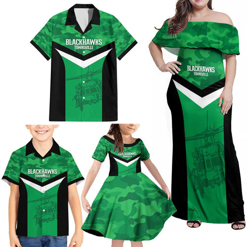 Townsville Rugby Custom Family Matching Off Shoulder Maxi Dress and Hawaiian Shirt Go Blackhawks Camouflage Pattern - Aussie Hoodie