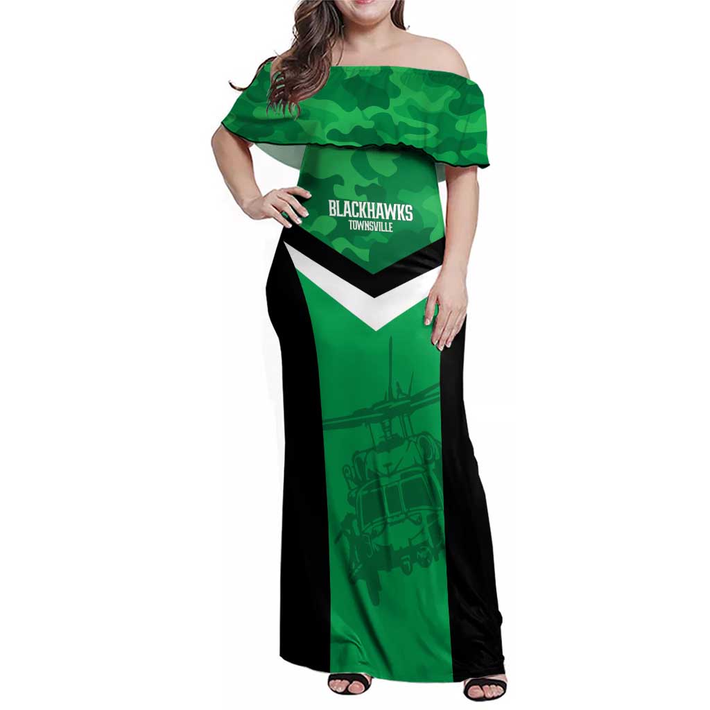 Townsville Rugby Custom Family Matching Off Shoulder Maxi Dress and Hawaiian Shirt Go Blackhawks Camouflage Pattern - Aussie Hoodie