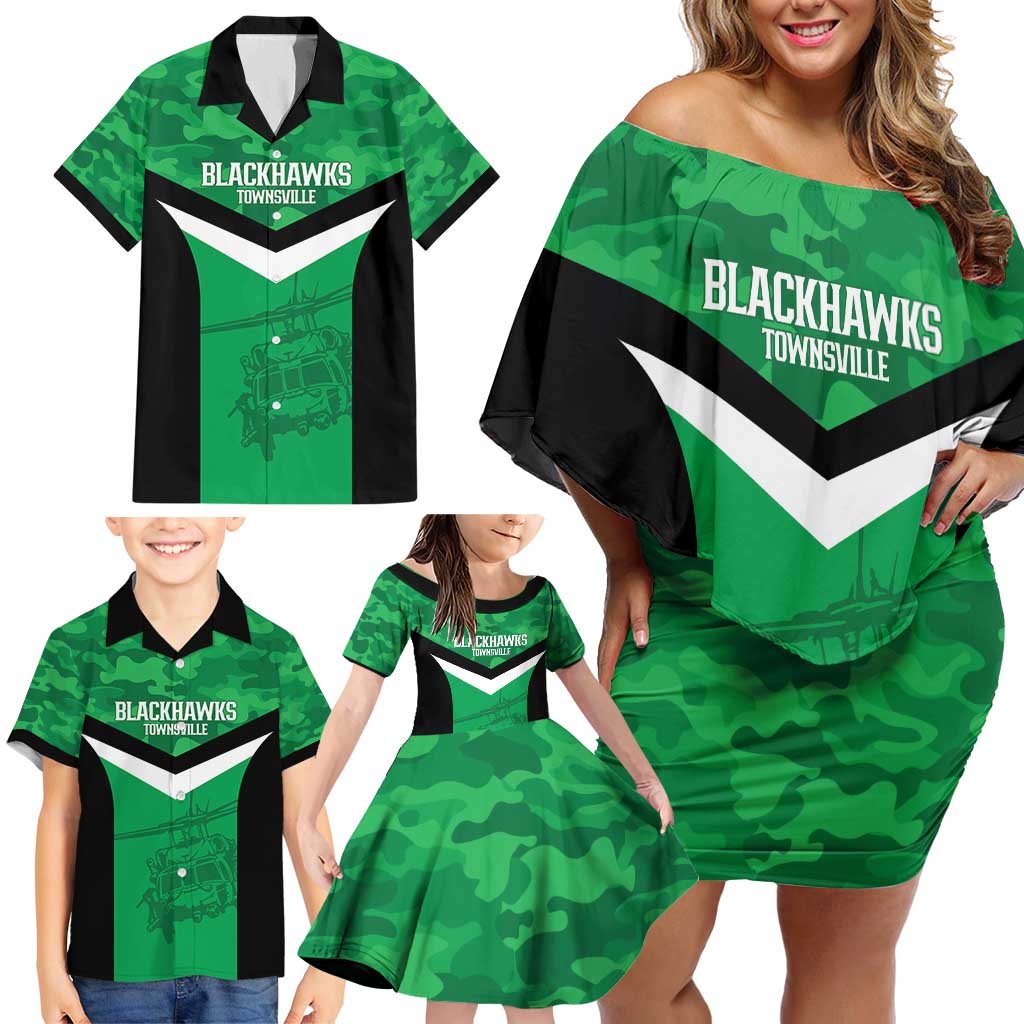Townsville Rugby Custom Family Matching Off Shoulder Short Dress and Hawaiian Shirt Go Blackhawks Camouflage Pattern - Aussie Hoodie
