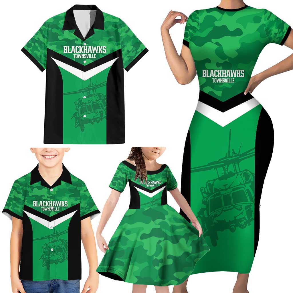 Townsville Rugby Custom Family Matching Short Sleeve Bodycon Dress and Hawaiian Shirt Go Blackhawks Camouflage Pattern - Aussie Hoodie