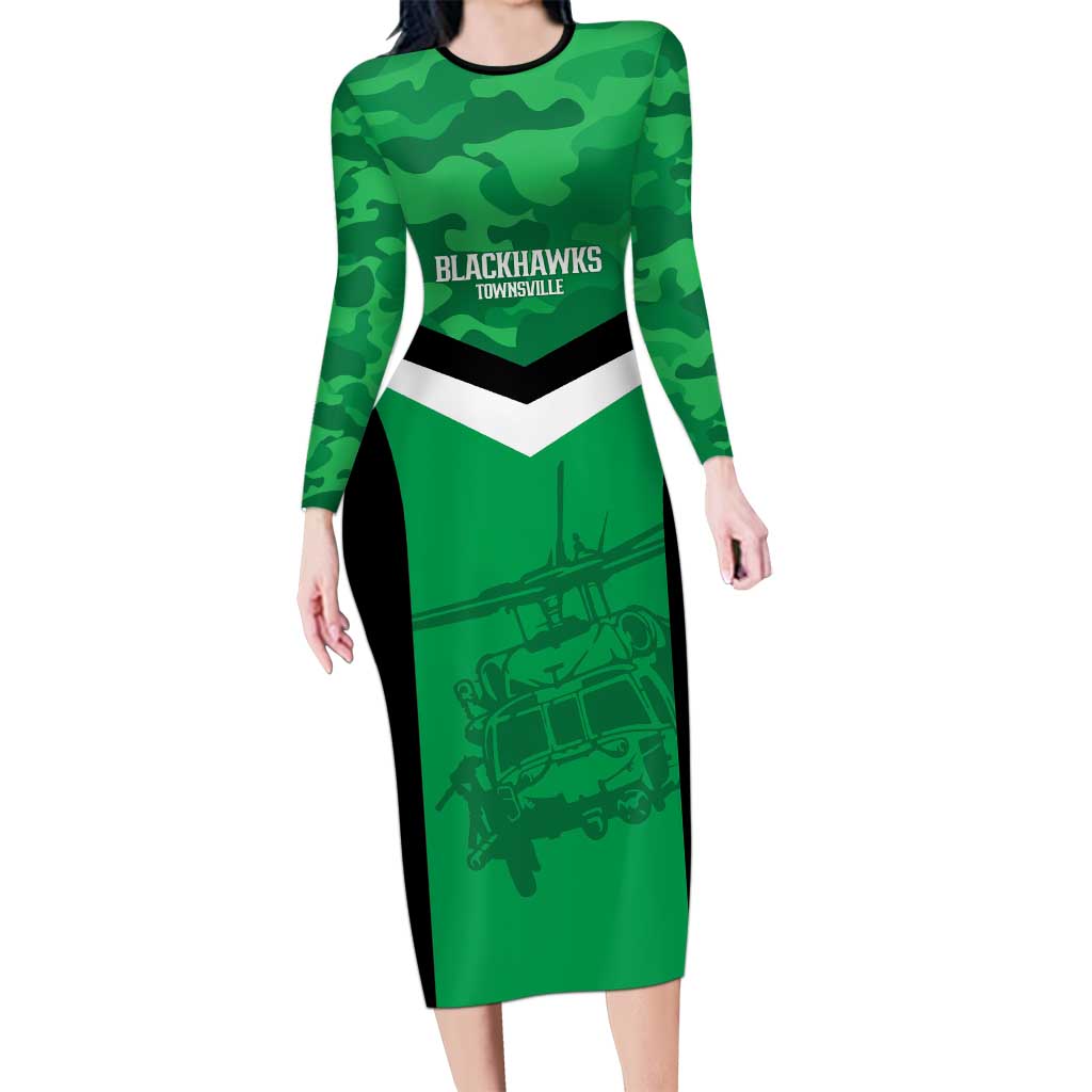 Townsville Rugby Custom Long Sleeve Bodycon Dress Go Blackhawks Camouflage Pattern - Aussie Hoodie