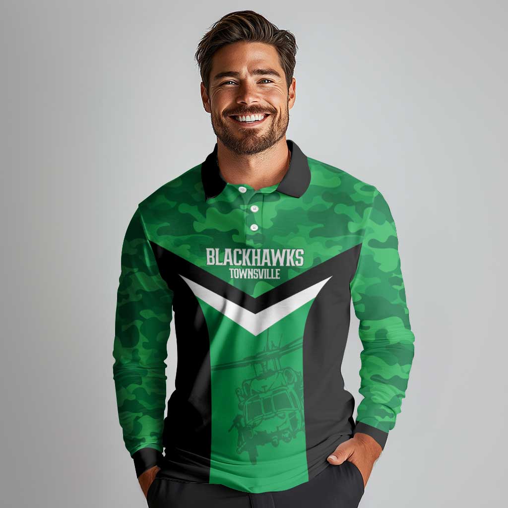 Townsville Rugby Custom Long Sleeve Polo Shirt Go Blackhawks Camouflage Pattern - Aussie Hoodie