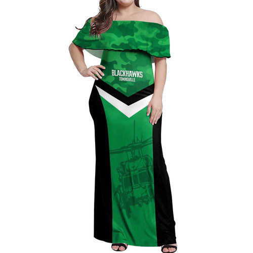 Townsville Rugby Custom Off Shoulder Maxi Dress Go Blackhawks Camouflage Pattern - Aussie Hoodie