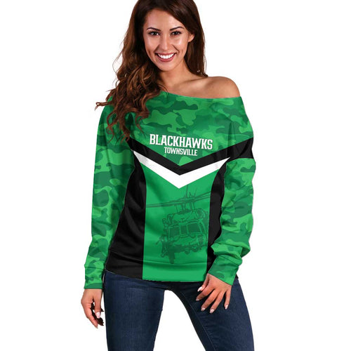 Townsville Rugby Custom Off Shoulder Sweater Go Blackhawks Camouflage Pattern - Aussie Hoodie