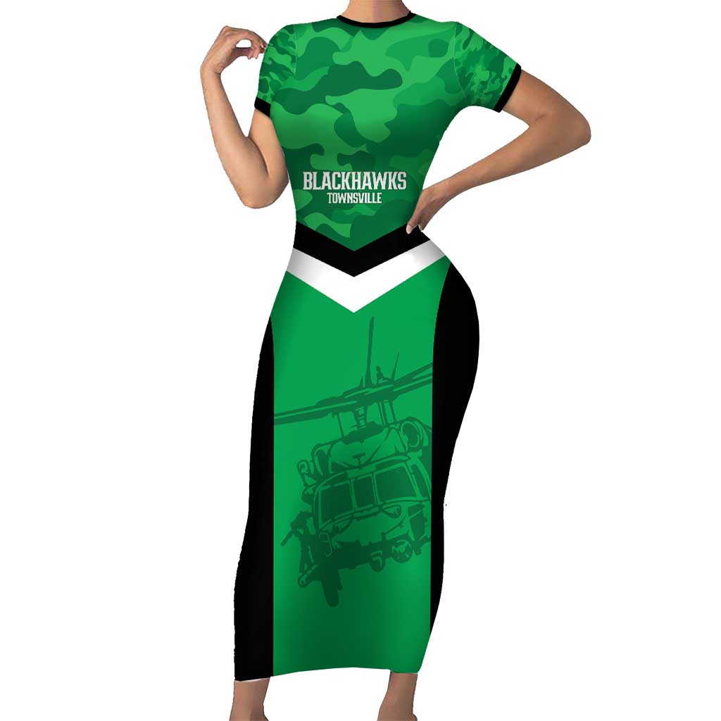 Townsville Rugby Custom Short Sleeve Bodycon Dress Go Blackhawks Camouflage Pattern - Aussie Hoodie