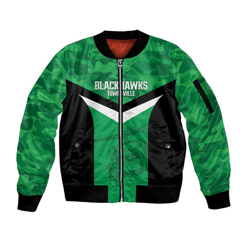 Townsville Rugby Custom Sleeve Zip Bomber Jacket Go Blackhawks Camouflage Pattern - Aussie Hoodie