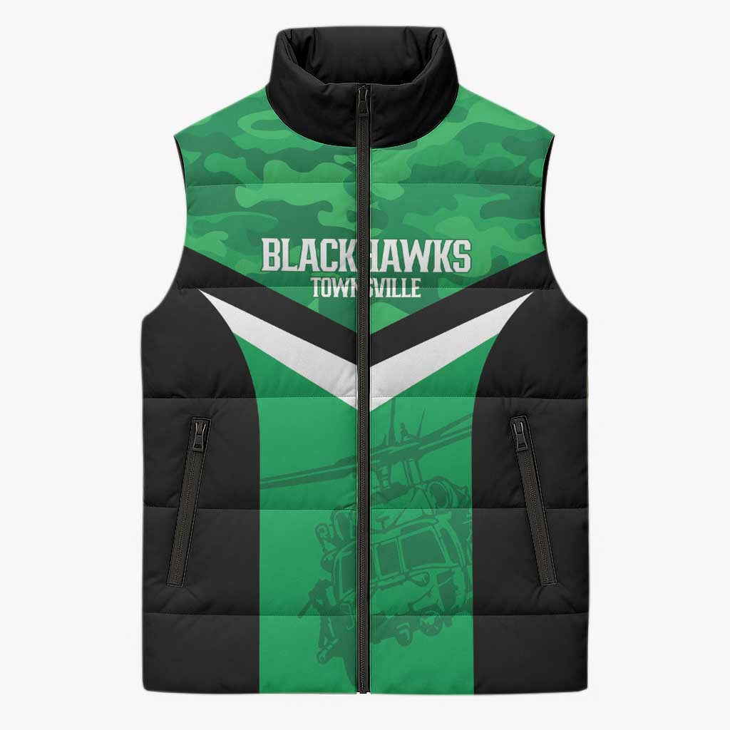 Townsville Rugby Custom Sleeveless Puffer Jacket Go Blackhawks Camouflage Pattern - Aussie Hoodie