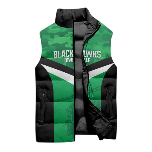Townsville Rugby Custom Sleeveless Puffer Jacket Go Blackhawks Camouflage Pattern - Aussie Hoodie