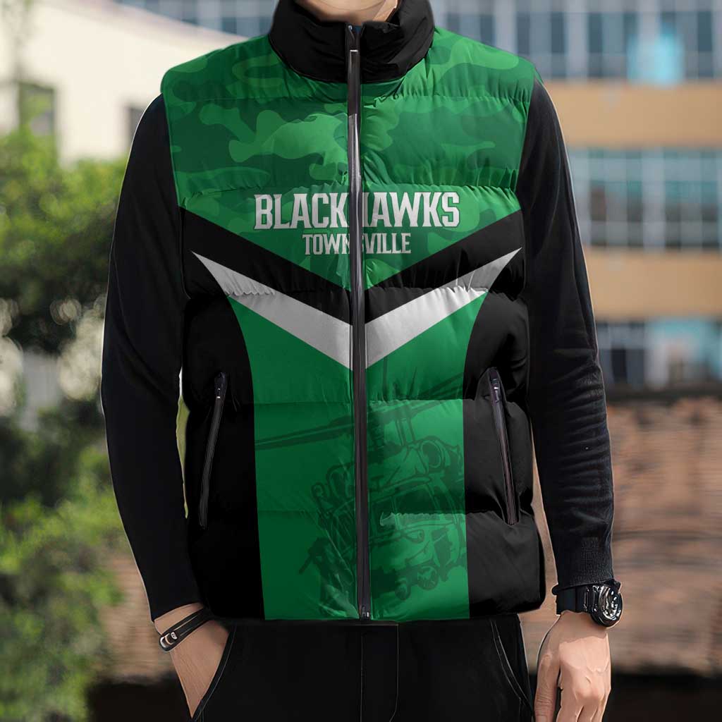Townsville Rugby Custom Sleeveless Puffer Jacket Go Blackhawks Camouflage Pattern - Aussie Hoodie