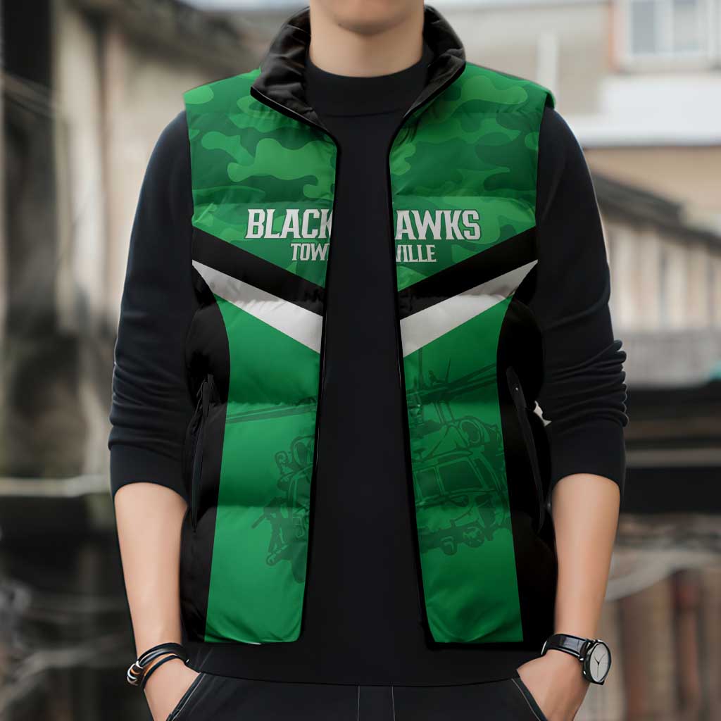 Townsville Rugby Custom Sleeveless Puffer Jacket Go Blackhawks Camouflage Pattern - Aussie Hoodie