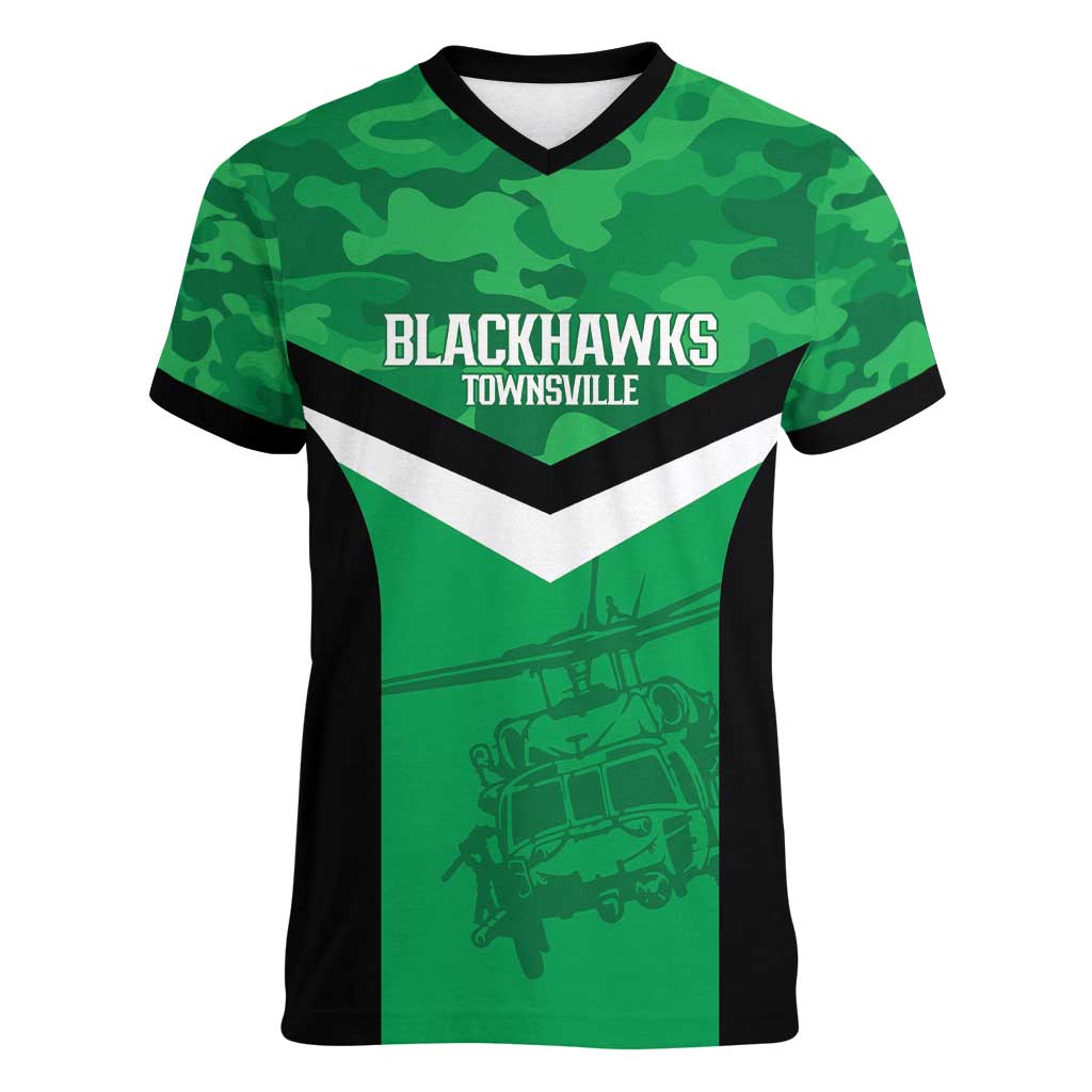 Townsville Rugby Custom Women V-Neck T-Shirt Go Blackhawks Camouflage Pattern - Aussie Hoodie