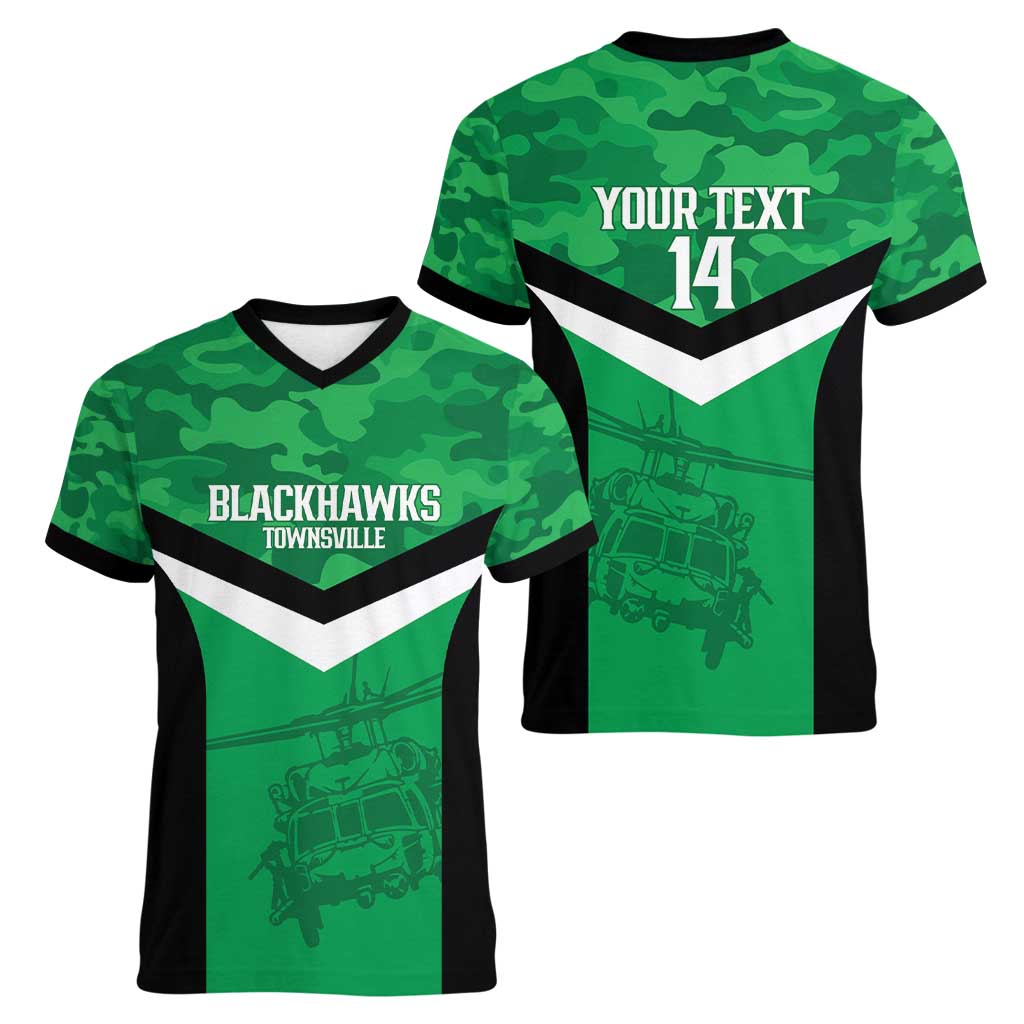 Townsville Rugby Custom Women V-Neck T-Shirt Go Blackhawks Camouflage Pattern - Aussie Hoodie