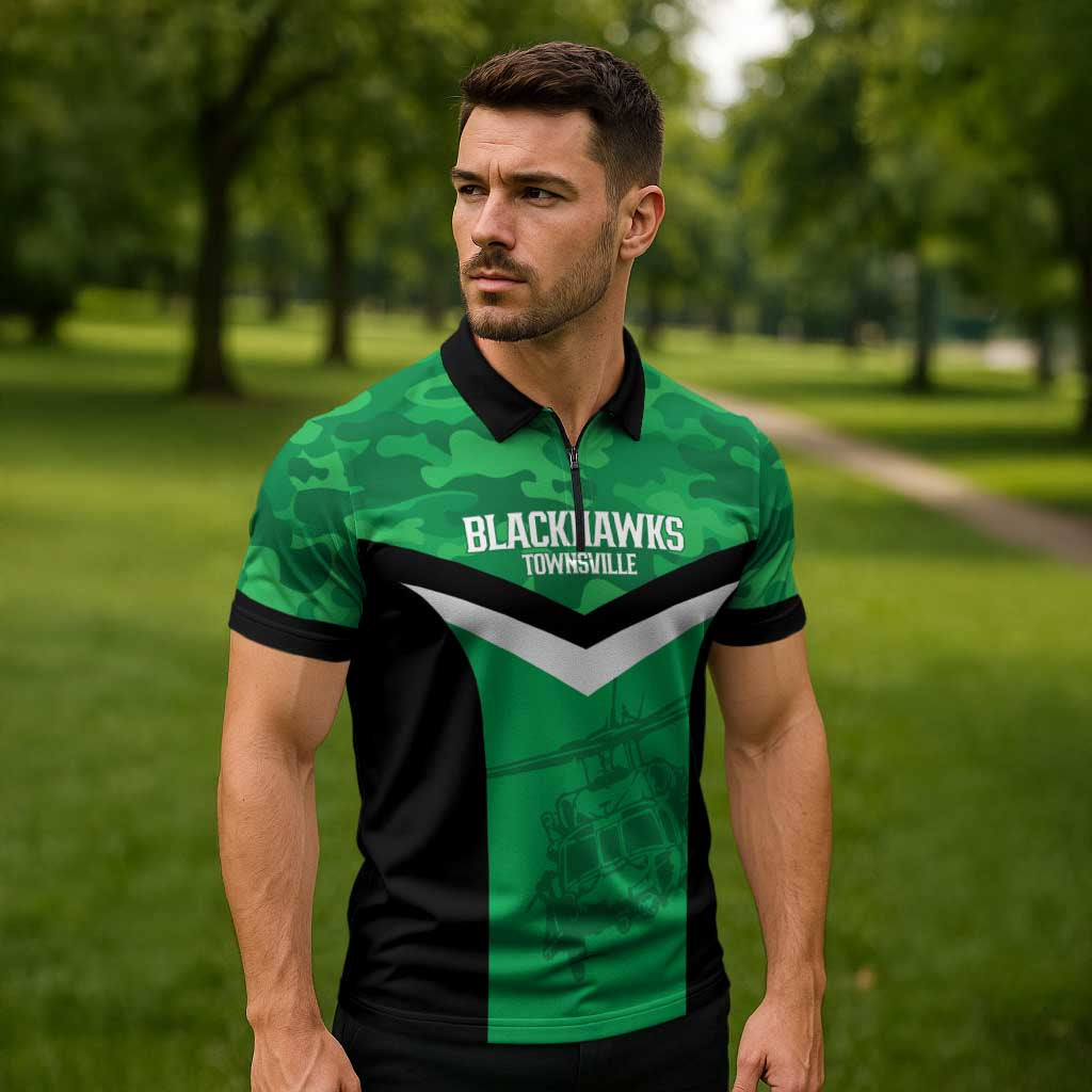 Townsville Rugby Custom Zipper Polo Shirt Go Blackhawks Camouflage Pattern - Aussie Hoodie