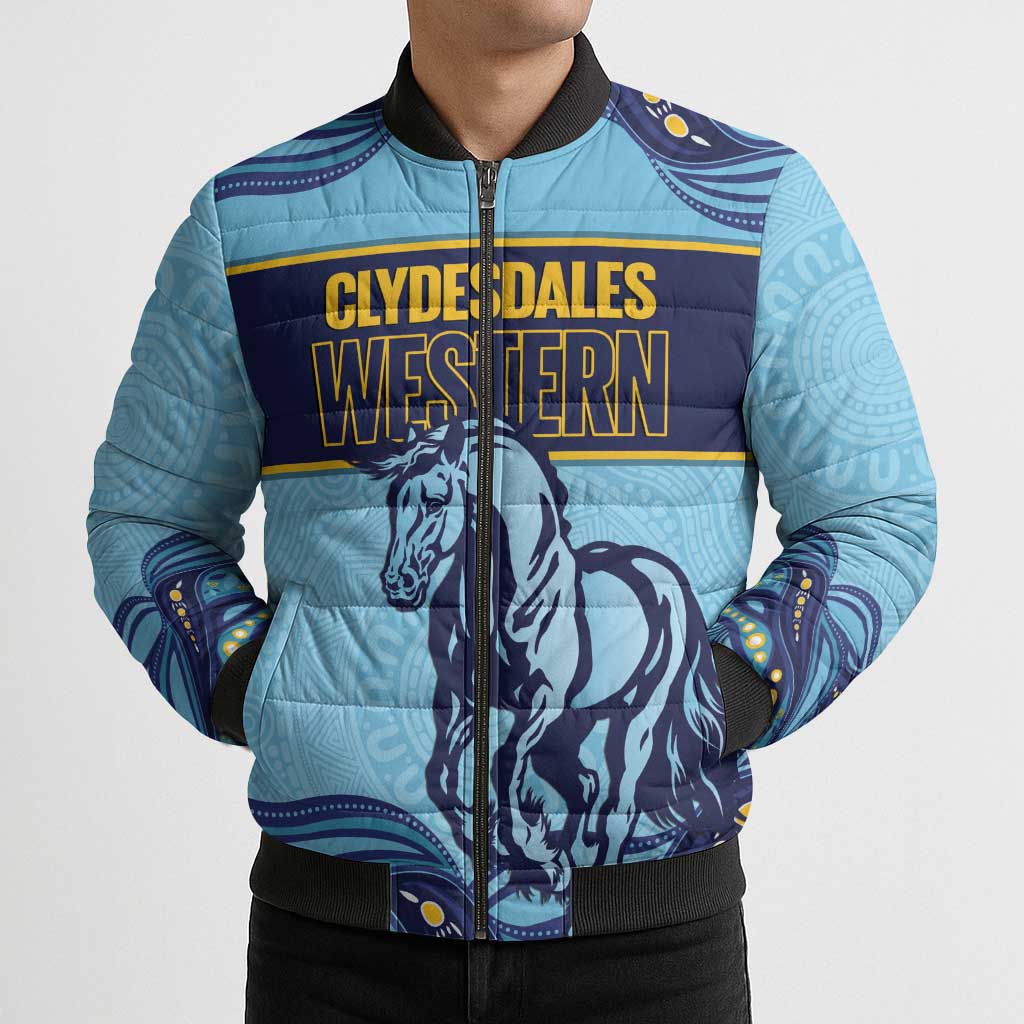 Toowoomba Rugby Custom Bomber Puffer Jacket Go Clydesdales Aboriginal Art - Aussie Hoodie