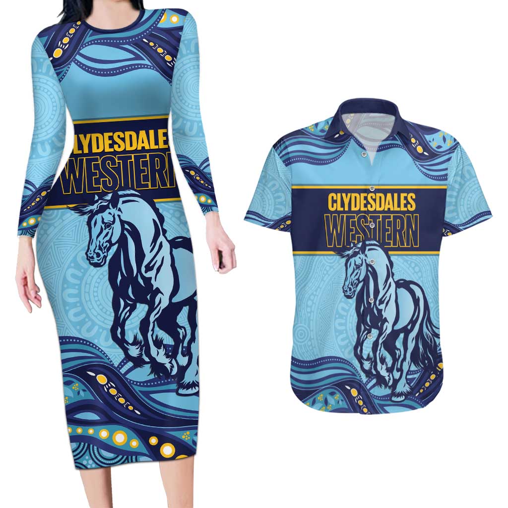 Toowoomba Rugby Custom Couples Matching Long Sleeve Bodycon Dress and Hawaiian Shirt Go Clydesdales Aboriginal Art - Aussie Hoodie